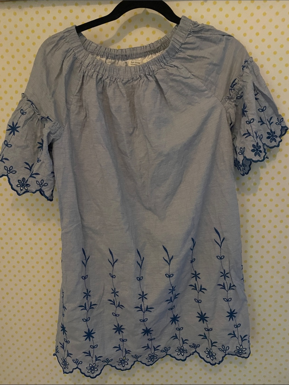 Girls' Light Blue Embroidered Peasant Blouse with Navy Floral Trim